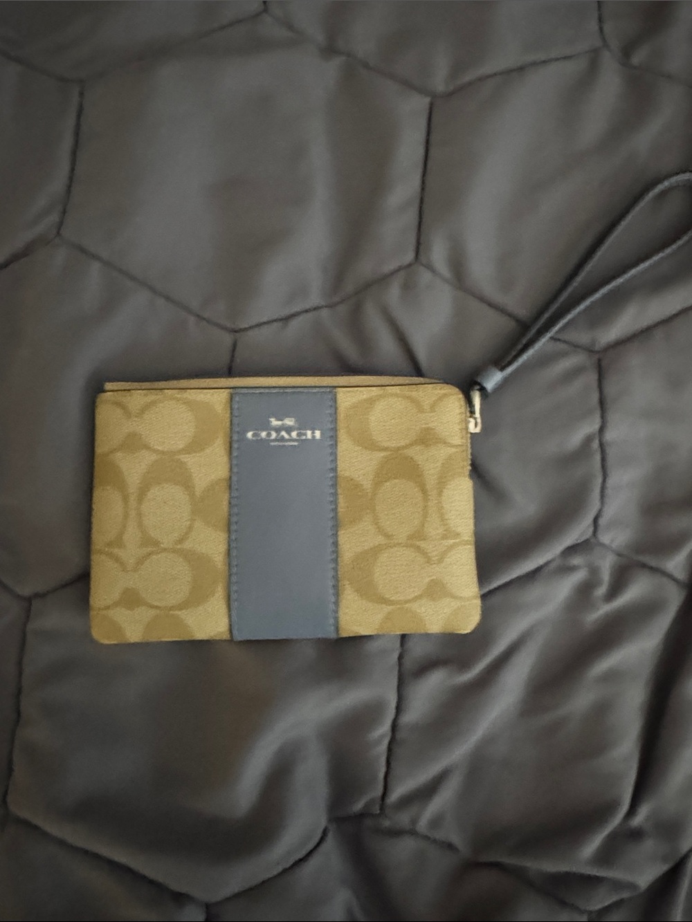 Coach Signature Canvas Wristlet in Brown with Navy Center Panel